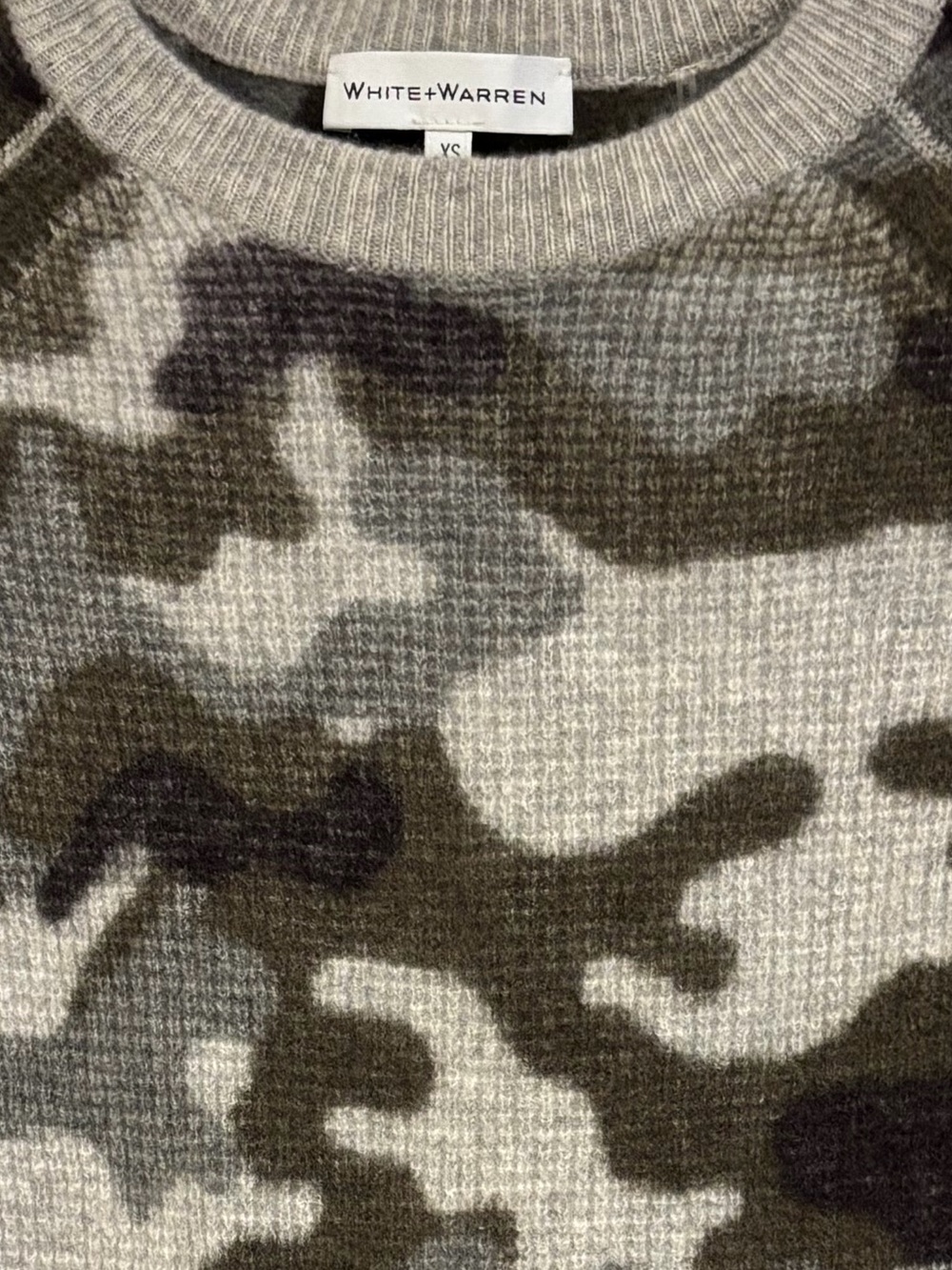 White + Warren Olive Camo Crewneck cashmere Sweater with Scalloped Hem